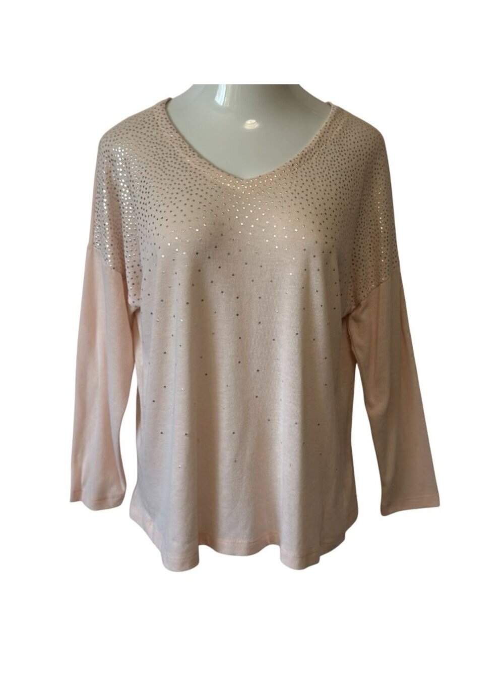 Rebecca Malone XL Womens V-Neck Top w/ Silver Embellishments Pink Long Sleeves - Picture 2 of 16